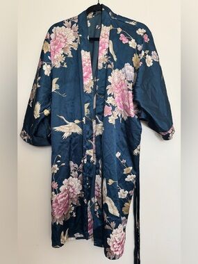 Silky Floral Kimono Robe in Deep Teal with Pink Blooms